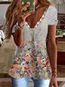 Cotton Blends Loosen Floral V Neck T-shirt