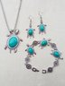 Vintage Alloy Turquoise Turtle Necklace And Earrings Set